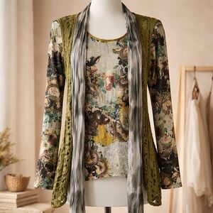Elysee 26 Artsy Layered Top Scarf Boho Crochet Accents Long Sleeve S